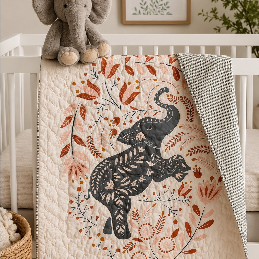 CRATE AND BARREL CRATE KIDS GRAY AND WHITE ELEPHANT CRIB QUILT 46X40